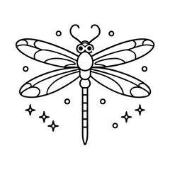 Black and white dragonfly illustration with geometric details and stars in a minimalist style