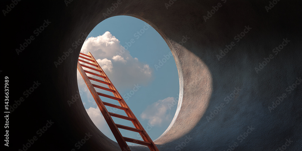 Poster wooden ladder ascending through a circular opening in a dark wall towards a bright sky with clouds, 