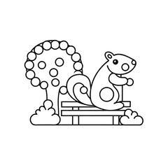 Outline vector graphic of squirrel sitting on bench in park near tree and clouds