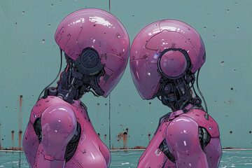 Two futuristic pink robots gently touching foreheads in a moment of connection against a teal background