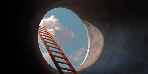 Wooden ladder ascending through a circular opening in a dark wall towards a bright sky with clouds, symbolizing opportunity and overcoming challenges
