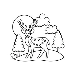 Outline drawing of deer with antlers in a forest at night with moon and trees