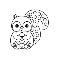 Cute cartoon squirrel outline with nut and patterned tail for coloring book or activity sheet