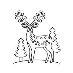 Outline illustration of deer and christmas trees perfect for holiday coloring and festive decoration