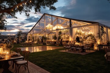 Fototapeta premium Elegant outdoor wedding tent with chandeliers, dance floor, and flower-decorated tables under string lights for a mountain reception