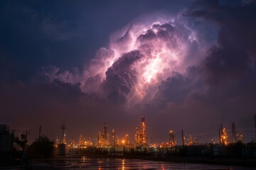 Naklejka premium Dramatic storm clouds with lightning over illuminated industrial plant at dusk, reflecting light on wet pavement