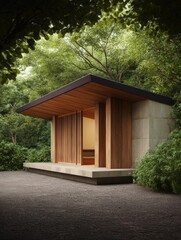 Small wooden cabin in the middle of a forest. the cabin has a sloping roof made of wooden panels and a concrete wall on the right side.