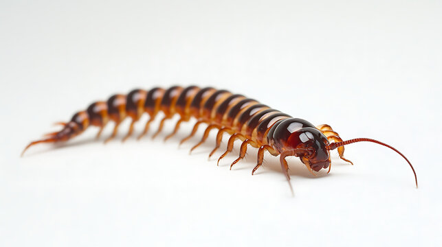 Close-up of a centipede with reddish-brown legs against a white background.