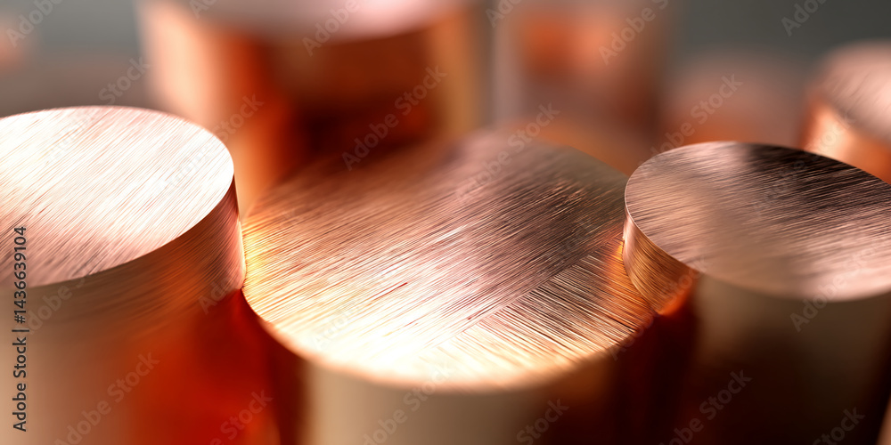 Poster close-up of copper cylinders, showcasing brushed metallic texture light reflects on the smooth surfa