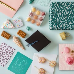 Graduation caps, diplomas, books, knowledge signs, perfect for invitations, posters, party decor, stock photos, printables, Etsy, education ads, and announcements