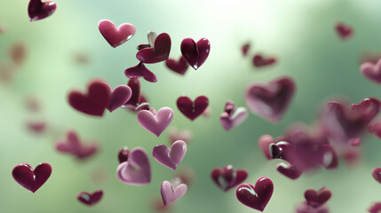 Many purple and pink hearts float on a green background, symbolizing love and Valentine's Day romance, ideal for cards or romantic designs