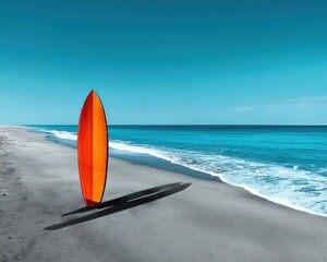 Neon-colored surfboard casting a long shadow on a peaceful beach, blue ocean and clear sky stretching endlessly behind