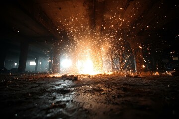 Obraz premium Intense Spark Shower in Dark Industrial Space Illuminating Dirty Concrete Ground and Structural Support Columns