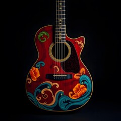 A vibrantly colored guitar, adorned with intricate swirling patterns including flowers and abstract shapes art illustration design