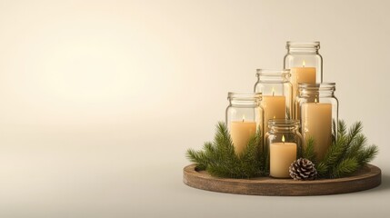 Warm candles arranged in jars create cozy atmosphere with natura