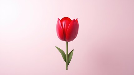 Obraz premium Single red tulip on a soft pink background. A vibrant, 3D rendered single tulip flower, showcasing a rich red blossom with subtle highlights, rests on a pale pink backdrop.