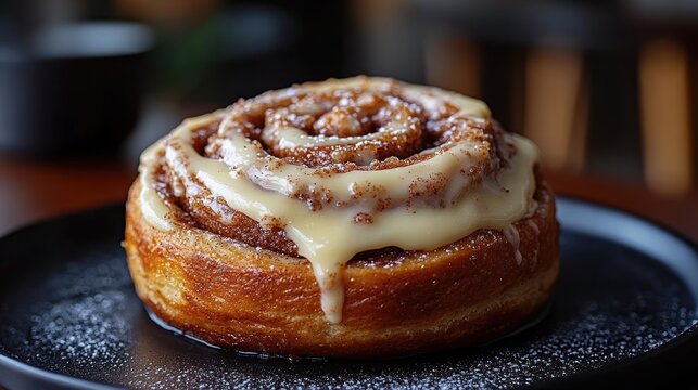 Cinnamon roll with icing on a black plate on a dark surface. - Powered by Adobe