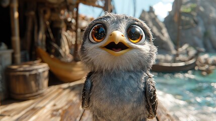 Cute animated bird character with large eyes on a seaside dock.