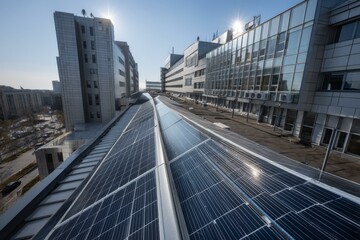 Fototapeta premium Modern Office Buildings with Rooftop Solar Panels Generating Renewable Energy on a Sunny Day for a Sustainable Future