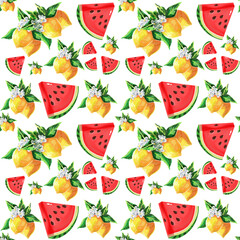Bright seamless pattern with juicy watermelon slices and vibrant lemons on a white background. Perfect for summer designs, textiles, packaging, and cheerful digital projects.