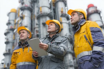 Three industrial workers with hardhats inspect complex refinery infrastructure during a safety audit, holding a clipboard.