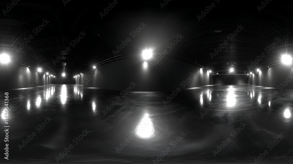 Poster 360 Degree full panorama environment map of black minimalistic studio environment with bright lights and reflections 3d render illustration hdri hdr vr virtual reality
