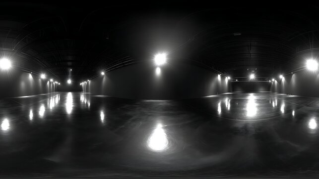 360 Degree full panorama environment map of black minimalistic studio environment with bright lights and reflections 3d render illustration hdri hdr vr virtual reality