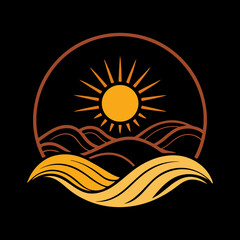 a minimalist logo with a stylized sun with black background 