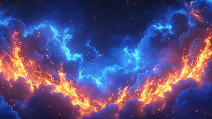 Fototapeta premium Intense fiery clouds clashing with electric blue sky in dramatic fantasy landscape scene