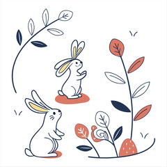 Minimalist Cute Bunny Illustration with Leaves and Plants – Hand Drawn Vector Design for Kids, Nursery, and Nature Themes.