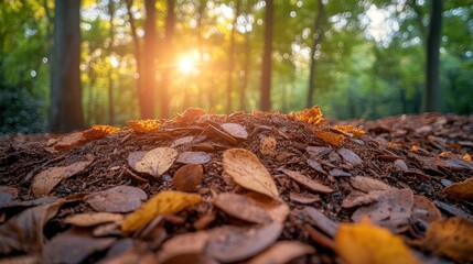 Forest floor covered with fallen leaves sunlight shining through trees in background.
