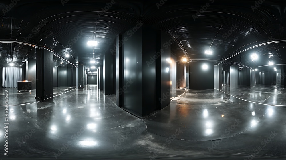 Poster 360 degree full panorama environment map of black minimalistic studio environment with bright lights