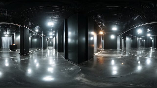 360 Degree full panorama environment map of black minimalistic studio environment with bright lights and reflections 3d render illustration hdri hdr vr virtual reality