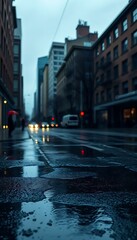 wet city street with buildings and a person holding an umbrella