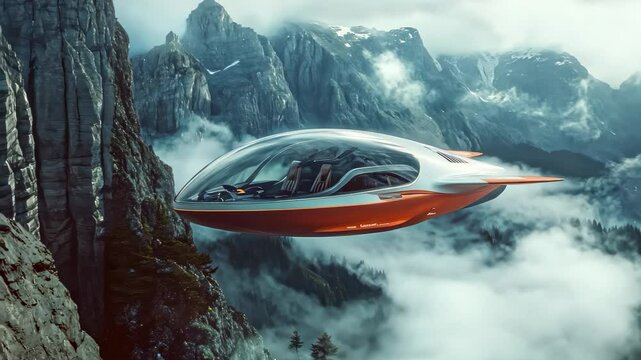 Futuristic Air Vehicle Flying over Mountains