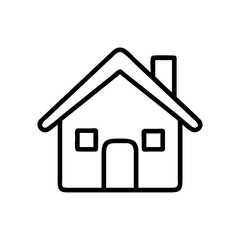 Simple line drawing of a house with a chimney, two windows, and a door, outlined in black, isolated on white