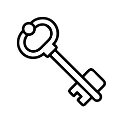 A simple line drawing of an antique style metallic key object used for unlocking a door mechanism lock