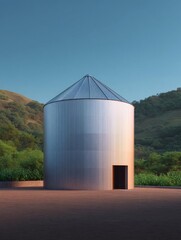Large, cylindrical structure with a pointed roof. it appears to be made of metal or a similar material, with a corrugated metal exterior.