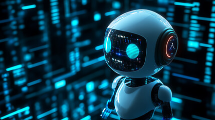 Futuristic Friendly Robot AI in a Digital World of Blue Data Streams.