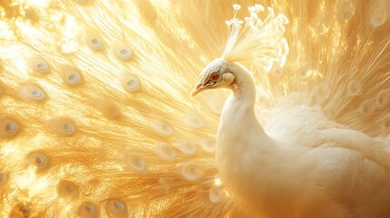 Rare albino peacock displaying its ghostly white feathers in full bloom intricate patterns visible in the soft golden light