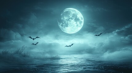 Naklejka premium Eerie Full Moon Night with Bats Flying Over Foggy Water