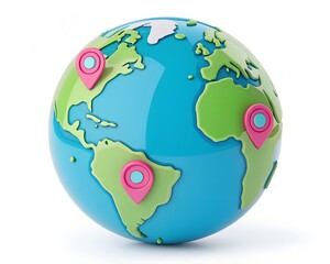 Naklejka premium 3D Global Location Markers Icon – Colorful World Map Pins Representing International Travel, GPS Navigation, and Geographic Positioning Across Continents