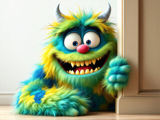 A vibrant, furry monster with horns, big eyes, and a wide smile, exuding a playful and friendly vibe.