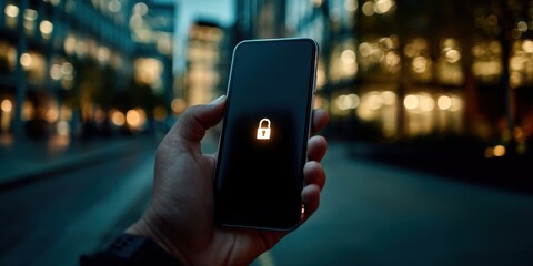 Hand Holding Smartphone Displaying Lock Icon for Security