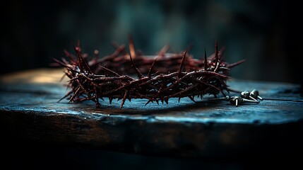 Fototapeta premium Crown thorns resting wooden table photo