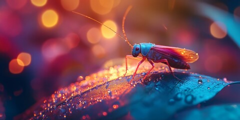 A vibrant close-up of a colorful insect resting on a dewy leaf. The blend of warm and cool colors creates a dreamy atmosphere. Perfect for nature enthusiasts and photographers. AI
