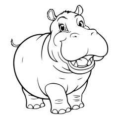 Fototapeta premium Adorable cartoon hippopotamus illustration happy smiling animal drawing black white coloring page fun cute friendly hippo