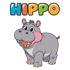 Fototapeta premium Adorable cartoon hippopotamus illustration happy smiling animal character design for kids fun zoo cute baby gray pink
