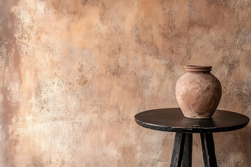 A rustic clay pot sits elegantly on a black wooden table against a textured, warm-toned wall, evoking a serene atmosphere