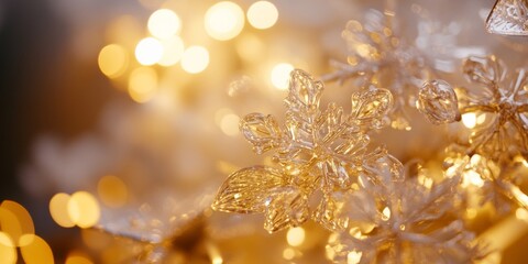 A close-up of shimmering snowflakes adorned with warm golden lights. The delicate details create a serene holiday atmosphere. Perfect for winter-themed projects and festive designs. AI